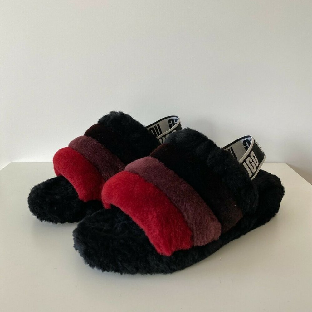 UGG FLUFF YEAH SLIDES BLACK MULTI Faux Fur SLIPPER SANDALS US 9/ EUR 40